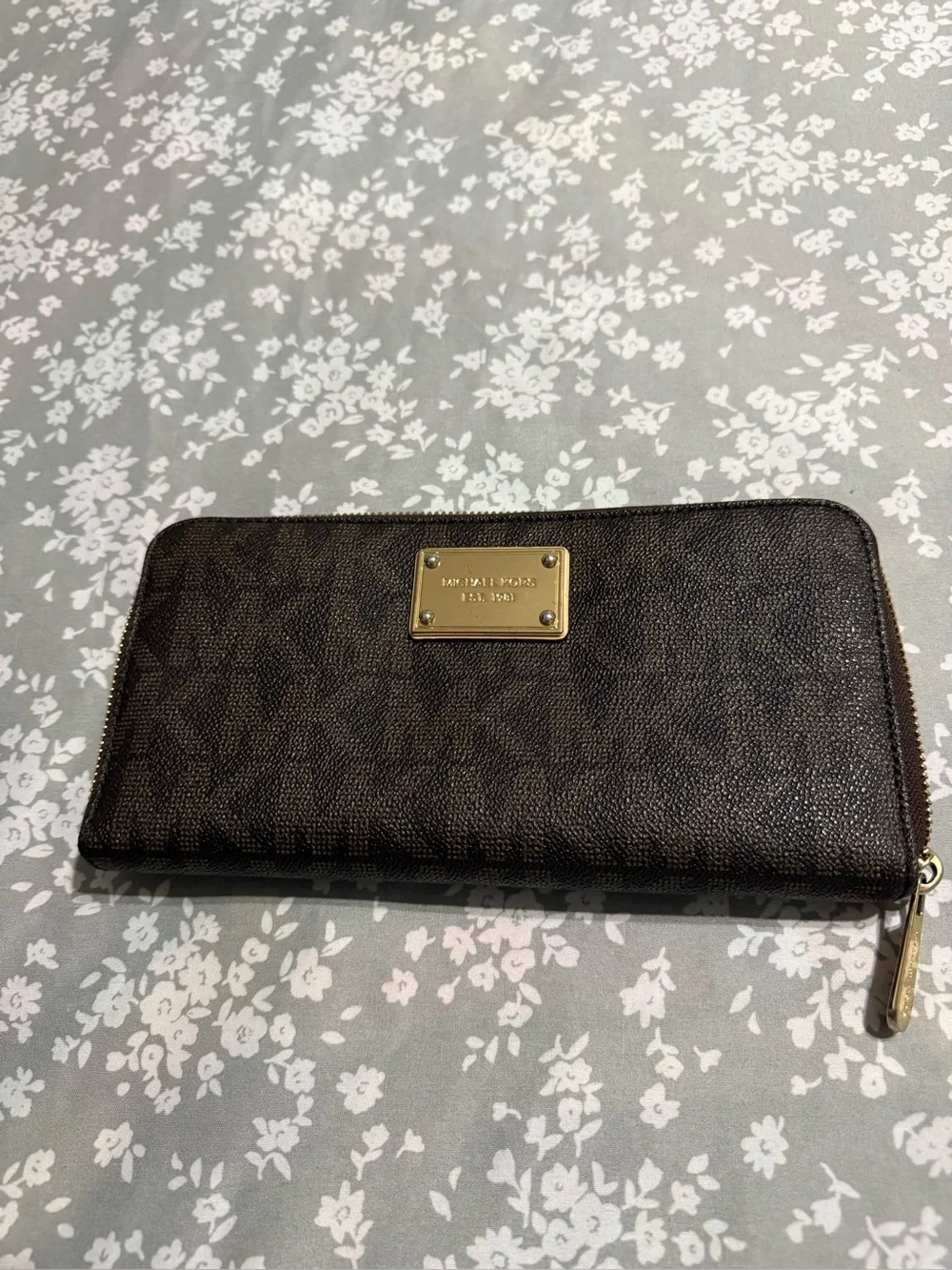 Michael Kors Dark Brown Signature Zip Wallet with Gold Plaque